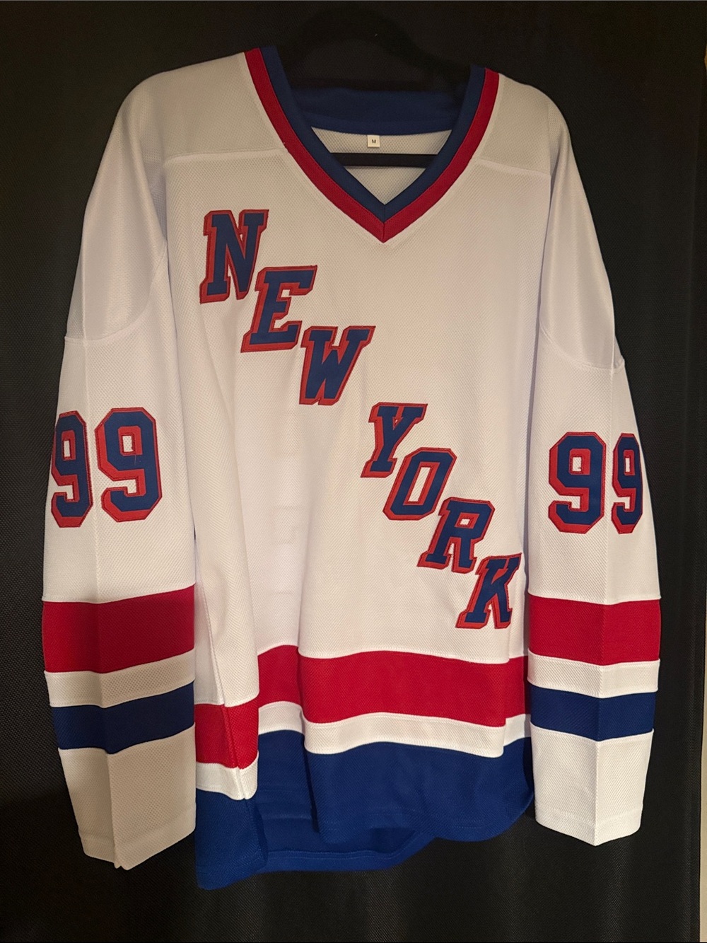 New York White Hockey-Style Sweater with Red & Blue Trim